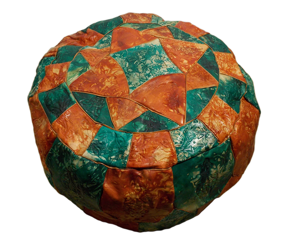 Moroccan Stamped Green and Orange Leather Pouf Ottoman