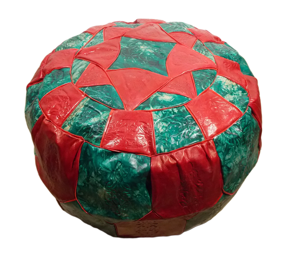 Moroccan Stamped Red and Green Leather Pouf Ottoman